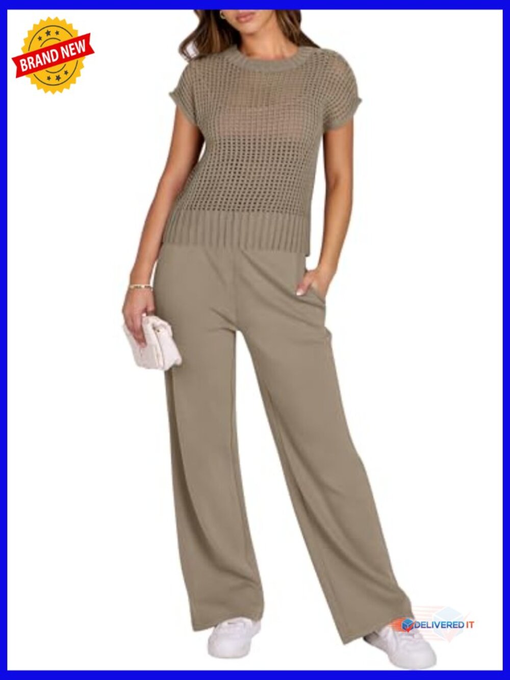 Women's Two Piece Outfits Crochet Sheer Knit Sweater Top Wide Leg Pants Lounge - Picture 2 of 7